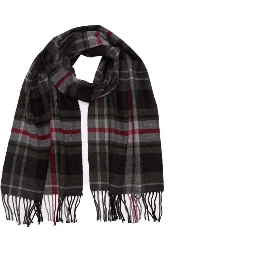 STEWART of SCOTLAND arylic exploded plaid fringe trim scarf - NWT  - Reg. $40